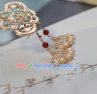 Traditional Chinese Handmade Golden Earrings Ancient Hanfu Court Pearls Tassel Ear Accessories for Women