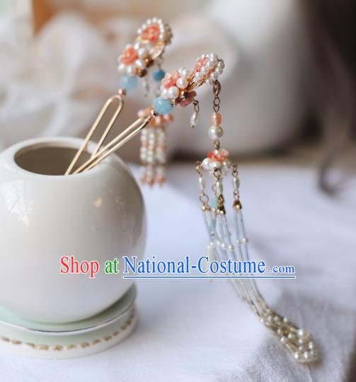 Handmade Chinese Pink Pearls Tassel Hair Clip Traditional Classical Hanfu Hair Accessories Ancient Song Dynasty Hairpins for Women