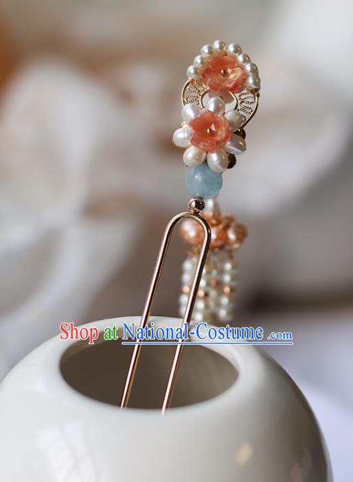 Handmade Chinese Pink Pearls Tassel Hair Clip Traditional Classical Hanfu Hair Accessories Ancient Song Dynasty Hairpins for Women