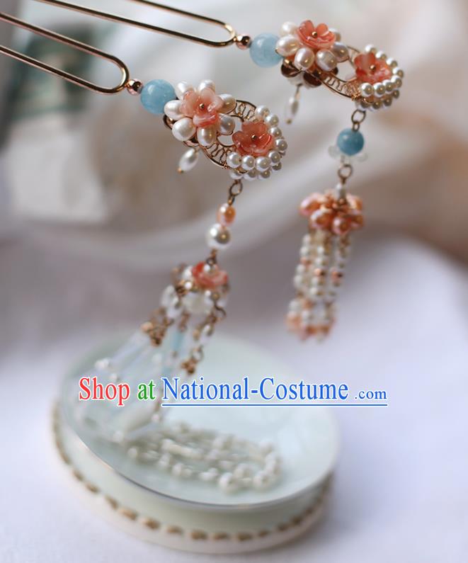 Handmade Chinese Pink Pearls Tassel Hair Clip Traditional Classical Hanfu Hair Accessories Ancient Song Dynasty Hairpins for Women