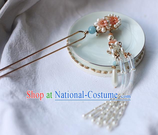 Handmade Chinese Pink Pearls Tassel Hair Clip Traditional Classical Hanfu Hair Accessories Ancient Song Dynasty Hairpins for Women