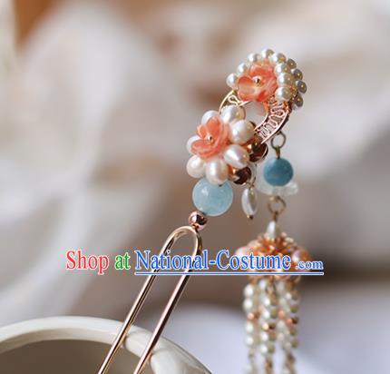 Handmade Chinese Pink Pearls Tassel Hair Clip Traditional Classical Hanfu Hair Accessories Ancient Song Dynasty Hairpins for Women