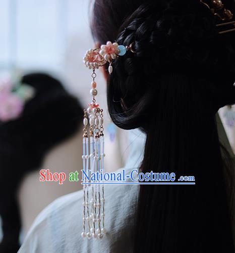 Handmade Chinese Pink Pearls Tassel Hair Clip Traditional Classical Hanfu Hair Accessories Ancient Song Dynasty Hairpins for Women