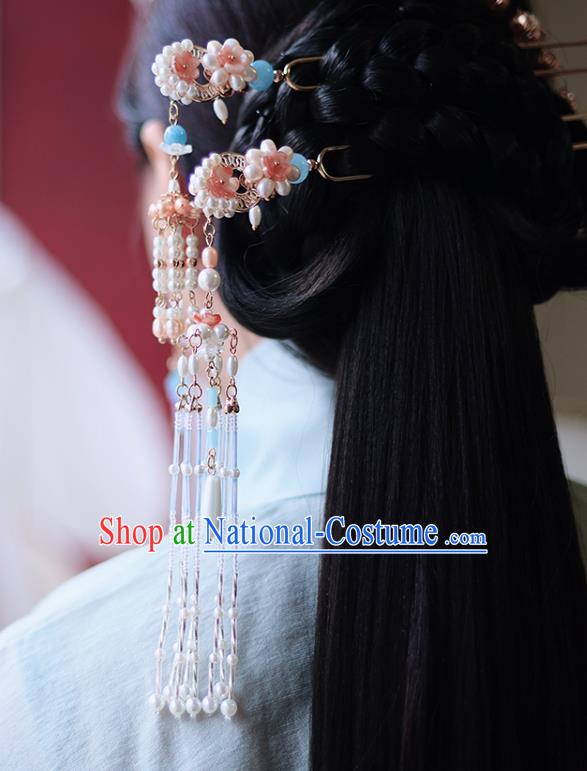 Handmade Chinese Pink Pearls Tassel Hair Clip Traditional Classical Hanfu Hair Accessories Ancient Song Dynasty Hairpins for Women