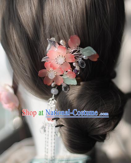 Handmade Chinese Pink Hair Claws Traditional Classical Hanfu Hair Accessories Ancient Sakura Tassel Hairpins for Women