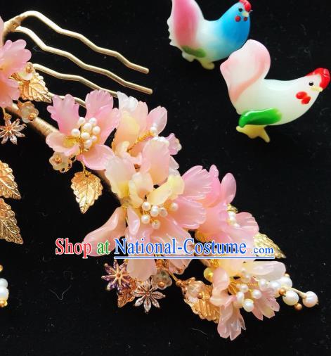 Handmade Chinese Court Pink Flowers Hair Clip Traditional Classical Hair Accessories Ancient Qing Dynasty Princess Hairpins for Women