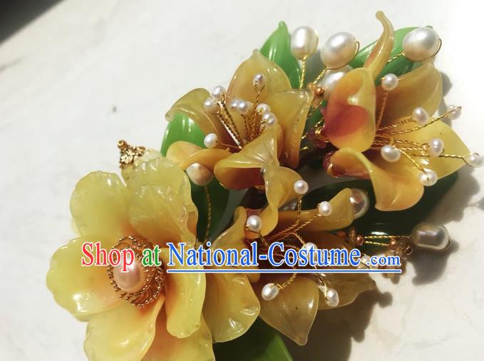 Handmade Chinese Court Pearls Hairpins Traditional Classical Hair Accessories Ancient Qing Dynasty Princess Yellow Flowers Hair Clip for Women