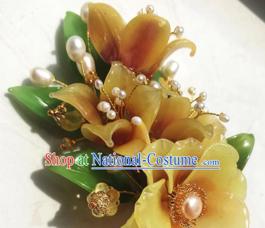 Handmade Chinese Court Pearls Hairpins Traditional Classical Hair Accessories Ancient Qing Dynasty Princess Yellow Flowers Hair Clip for Women