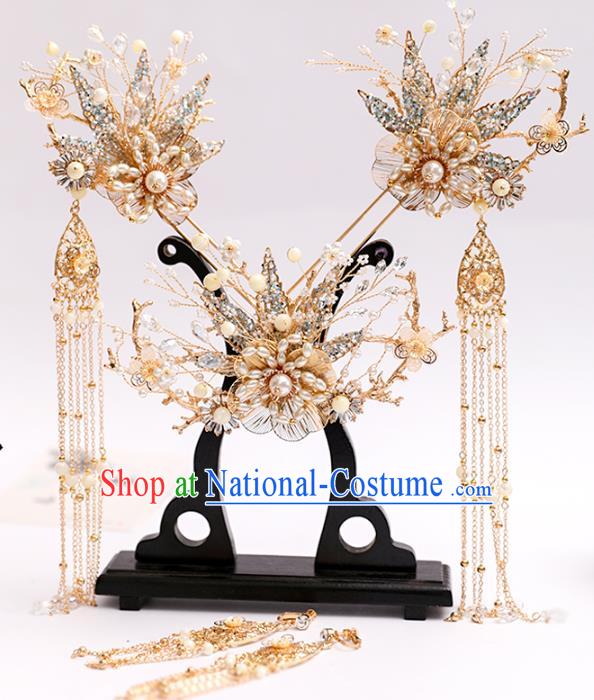 Chinese Classical Wedding Pearls Hair Crown Traditional Hanfu Hair Accessories Handmade Bride Tassel Golden Hairpins Complete Set