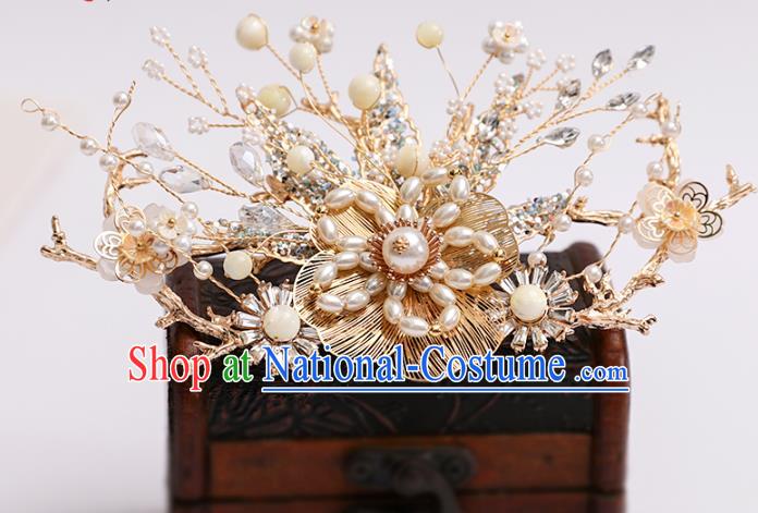 Chinese Classical Wedding Pearls Hair Crown Traditional Hanfu Hair Accessories Handmade Bride Tassel Golden Hairpins Complete Set