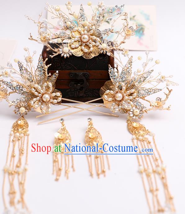 Chinese Classical Wedding Pearls Hair Crown Traditional Hanfu Hair Accessories Handmade Bride Tassel Golden Hairpins Complete Set