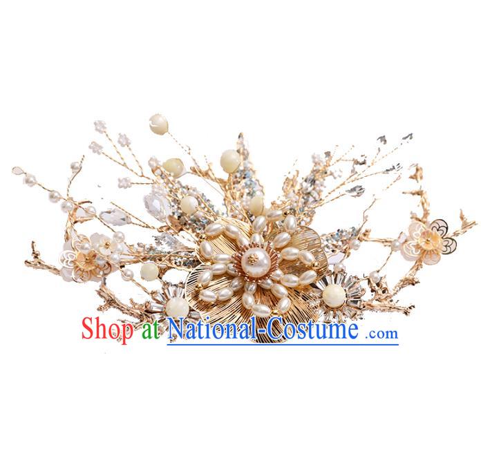 Chinese Classical Wedding Pearls Hair Crown Traditional Hanfu Hair Accessories Handmade Bride Tassel Golden Hairpins Complete Set