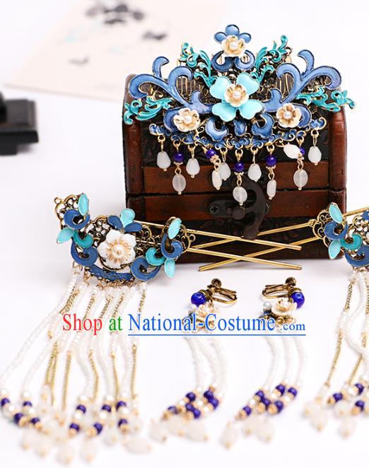 Chinese Classical Wedding Blue Hair Comb Traditional Hanfu Hair Accessories Handmade Bride Tassel Hairpins Complete Set