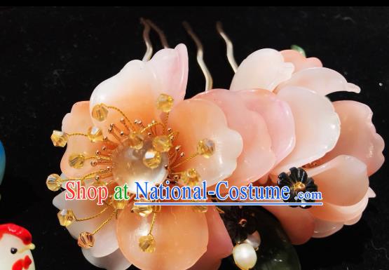 Handmade Chinese Court Pink Peony Hair Comb Traditional Classical Hair Accessories Ancient Qing Dynasty Albite Hairpins for Women