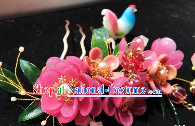 Handmade Chinese Court Rosy Plum Hair Comb Traditional Classical Hair Accessories Ancient Qing Dynasty Large Hairpins for Women