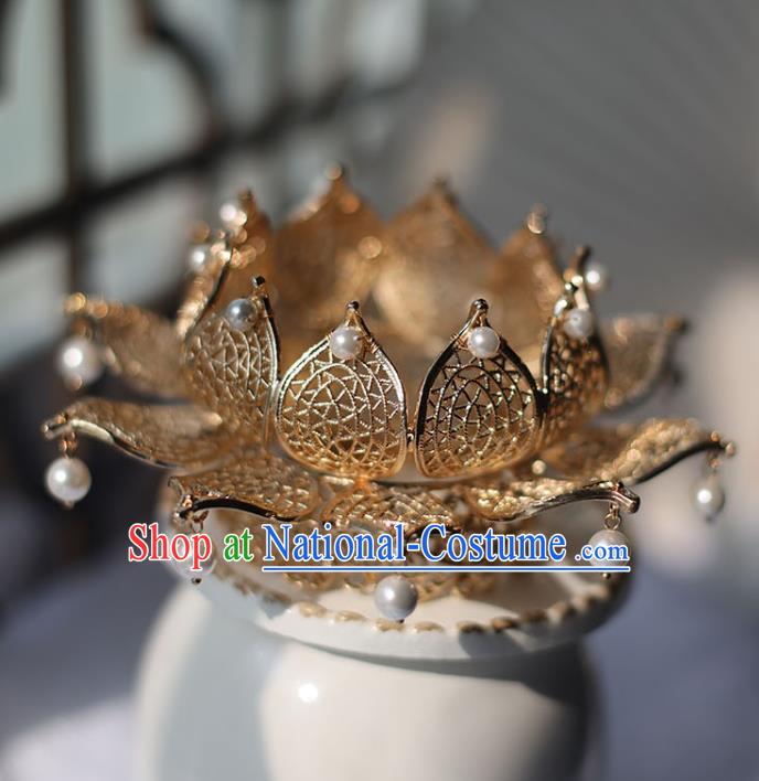 Handmade Chinese Classical Golden Lotus Hair Crown Traditional Hair Accessories Ancient Hanfu White Beads Hairpins for Women