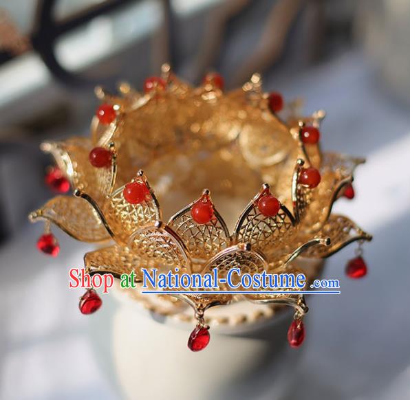 Handmade Chinese Classical Red Beads Hair Crown Traditional Hair Accessories Ancient Hanfu Golden Lotus Hairpins for Women