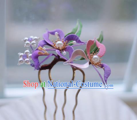 Handmade Chinese Classical Purple Silk Flower Hair Clip Traditional Hair Accessories Ancient Hanfu Court Hairpins for Women