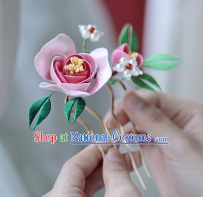 Handmade Chinese Classical Hair Comb Traditional Hair Accessories Ancient Hanfu Court Pink Silk Rose Hairpins for Women