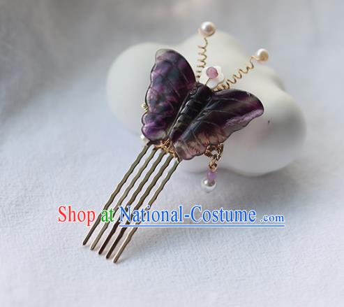 Handmade Chinese Purple Butterfly Hair Comb Traditional Classical Hanfu Hair Accessories Ancient Princess Hairpins for Women