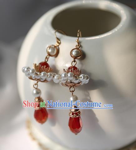 Traditional Chinese Handmade Red Earrings Ancient Hanfu Beads Ear Accessories for Women