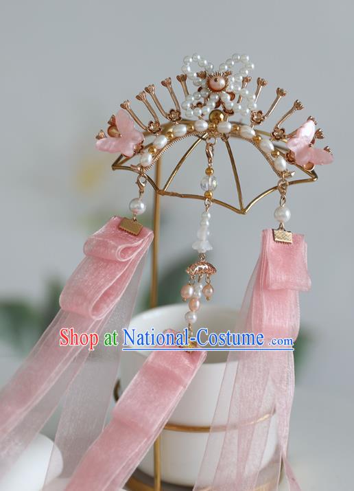 Handmade Chinese Classical Pearls Hairpins Traditional Hair Accessories Ancient Hanfu Pink Ribbon Hair Claw for Women