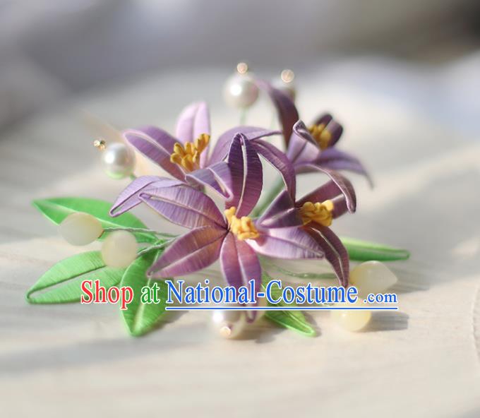 Handmade Chinese Classical Lily Flowers Hair Comb Traditional Hair Accessories Ancient Hanfu Court Lilac Silk Hairpins for Women