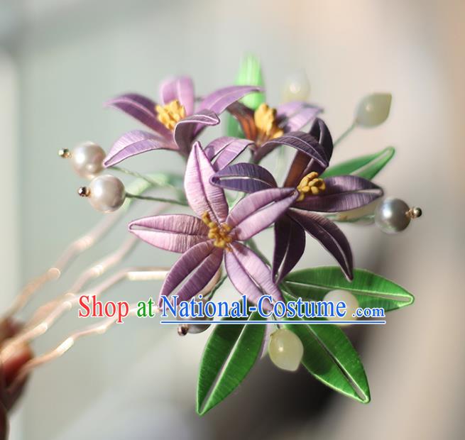 Handmade Chinese Classical Lily Flowers Hair Comb Traditional Hair Accessories Ancient Hanfu Court Lilac Silk Hairpins for Women