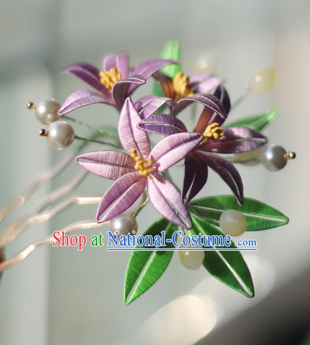 Handmade Chinese Classical Lily Flowers Hair Comb Traditional Hair Accessories Ancient Hanfu Court Lilac Silk Hairpins for Women