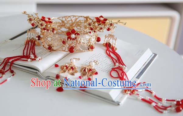 Chinese Classical Wedding Hair Crown Traditional Hanfu Hair Accessories Handmade Bride Tassel Hairpins Complete Set