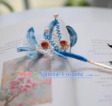 Handmade Chinese Classical Blue Silk Leaf Hairpins Traditional Hair Accessories Ancient Qing Dynasty Court Pearls Hair Clip for Women