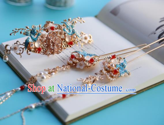 Chinese Classical Golden Hair Crown Traditional Hanfu Hair Accessories Handmade Tassel Hairpins Full Set for Women