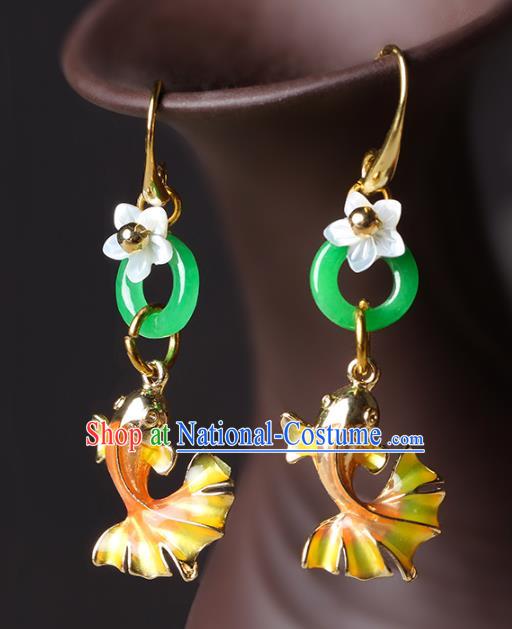 Traditional Chinese Goldfish Ear Accessories Handmade Eardrop National Cheongsam Green Jade Ring Earrings for Women