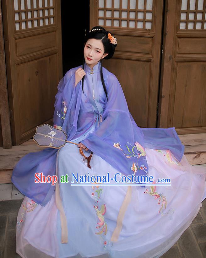 Chinese Traditional Ming Dynasty Hanfu Garment Ancient Noble Lady Historical Costumes Purple Long Blouse and Skirt Complete Set