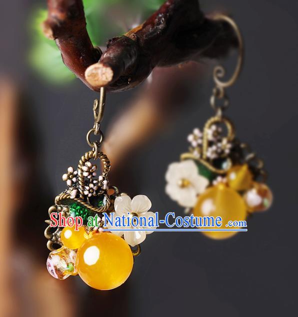 Traditional Chinese Ear Accessories Handmade Eardrop National Cheongsam Yellow Chalcedony Earrings for Women