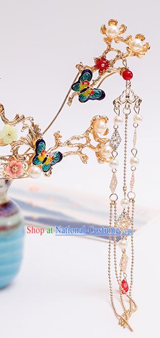 Chinese Classical Wedding Cloisonne Butterfly Hair Crown Traditional Bride Hair Accessories Handmade Hanfu Tassel Hairpins Complete Set