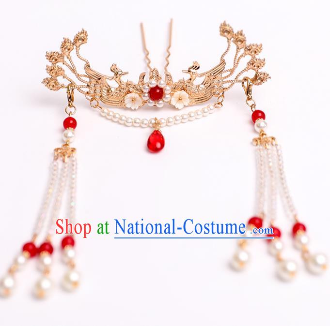 Chinese Classical Wedding Golden Phoenix Hair Crown Traditional Bride Hair Accessories Handmade Hanfu Pearls Tassel Hairpins