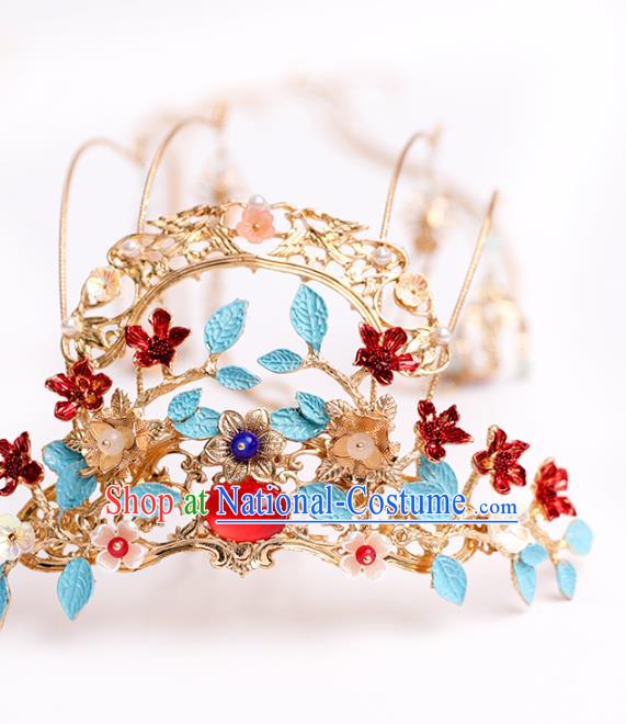 Chinese Classical Wedding Red Flowers Hair Crown Traditional Bride Hair Accessories Handmade Hanfu Golden Tassel Phoenix Coronet Full Set