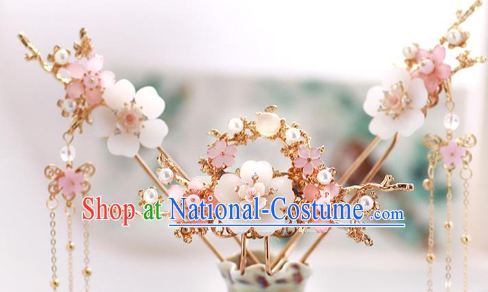 Chinese Classical Wedding Hair Crown Traditional Bride Hair Accessories Handmade Hanfu Plum Tassel Hairpins Full Set