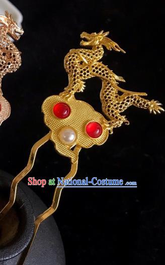 Handmade Chinese Tang Dynasty Golden Dragon Hair Clip Traditional Hair Accessories Ancient Court Red Agete Hairpins for Women