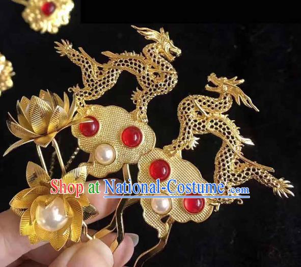 Handmade Chinese Tang Dynasty Golden Dragon Hair Clip Traditional Hair Accessories Ancient Court Red Agete Hairpins for Women