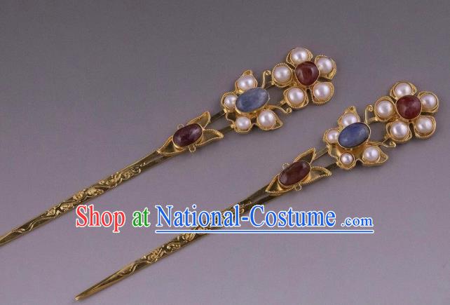 Handmade Chinese Tang Dynasty Blue Stone Hair Clip Traditional Hair Accessories Ancient Court Queen Pearls Hairpins for Women