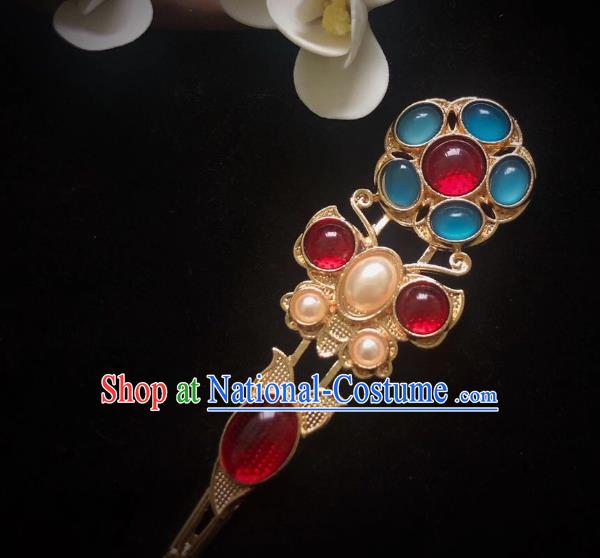 Handmade Chinese Tang Dynasty Golden Butterfly Hair Clip Traditional Hair Accessories Ancient Court Queen Agate Hairpins for Women