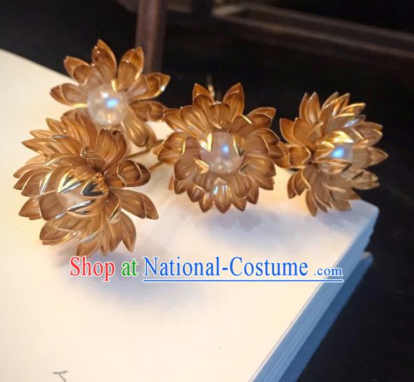 Handmade Chinese Tang Dynasty Princess Hair Clip Traditional Hair Accessories Ancient Court Golden Lotus Hairpins for Women