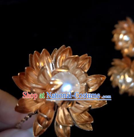 Handmade Chinese Tang Dynasty Princess Hair Clip Traditional Hair Accessories Ancient Court Golden Lotus Hairpins for Women