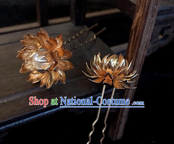 Handmade Chinese Tang Dynasty Princess Hair Clip Traditional Hair Accessories Ancient Court Golden Lotus Hairpins for Women