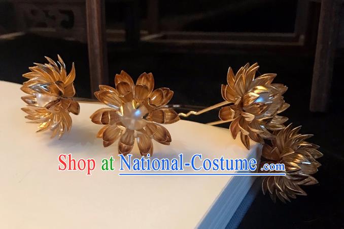 Handmade Chinese Tang Dynasty Princess Hair Clip Traditional Hair Accessories Ancient Court Golden Lotus Hairpins for Women