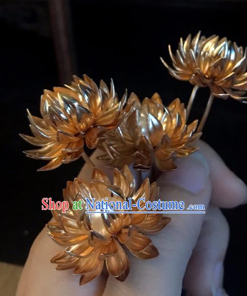 Handmade Chinese Tang Dynasty Princess Hair Clip Traditional Hair Accessories Ancient Court Golden Lotus Hairpins for Women