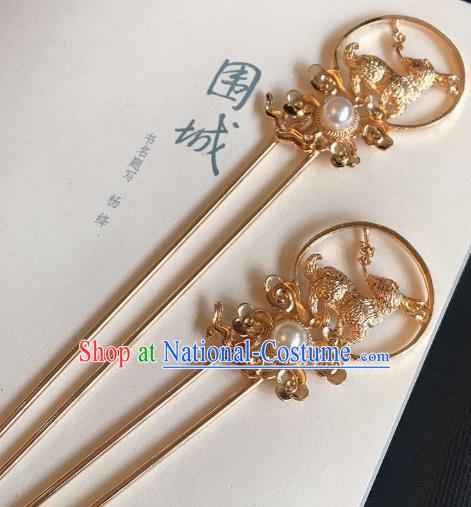 Handmade Chinese Tang Dynasty Queen Hair Clip Traditional Hair Accessories Ancient Court Golden Rabbit Hairpins for Women