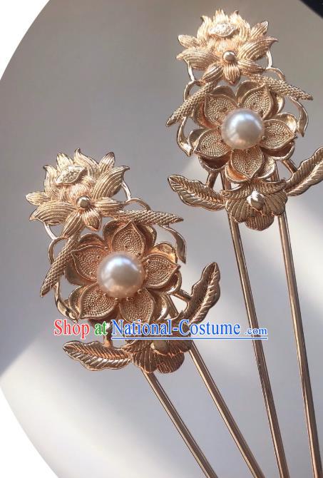 Handmade Chinese Tang Dynasty Court Queen Pearl Hair Clip Traditional Hair Accessories Ancient Golden Lotus Hairpins for Women